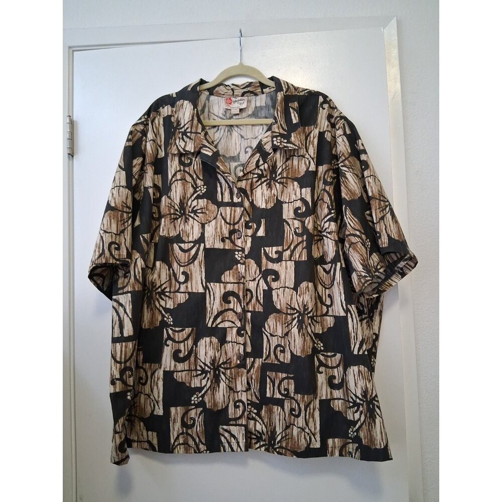 Hilo Hattie The Hawaiian Original Made in Hawaii 5 XL Top Hibiscus Beige Black